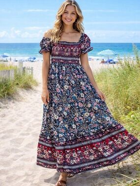 Boho Floral Maxi Dress L Plus Size Off Shoulder Cottagecore Summer